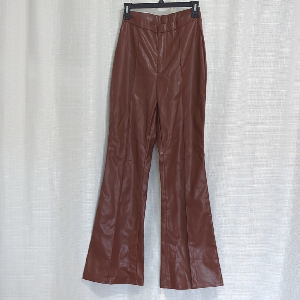 Women's Flare Pants Brown Faux Leather Zip Up Front Stitched Medium Large Fall